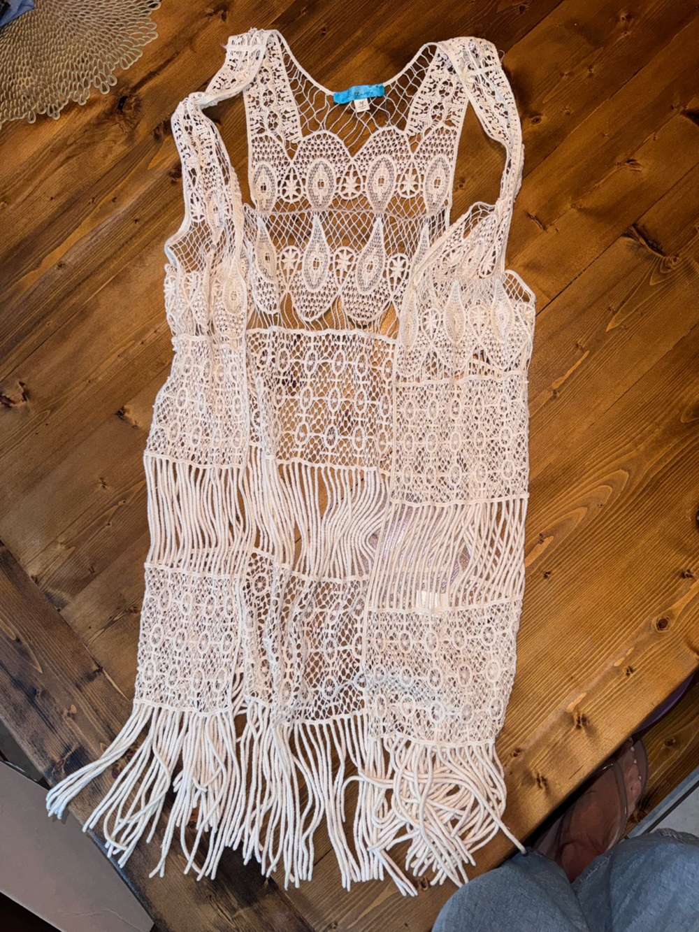 Boho Crochet Fringe Sleeveless Duster Vest / Swim Cover-Up – Size M